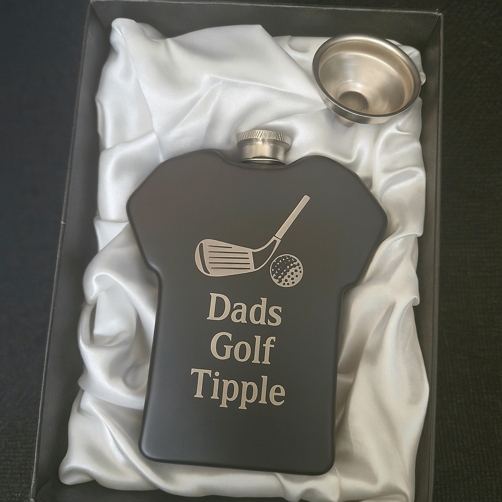 Personalised T Shirt Hip Flask with Engraved Box