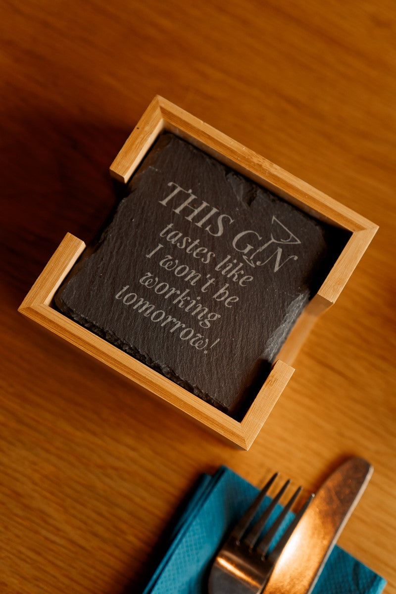Set of 6 Square Slate Coasters in a Bamboo Holder