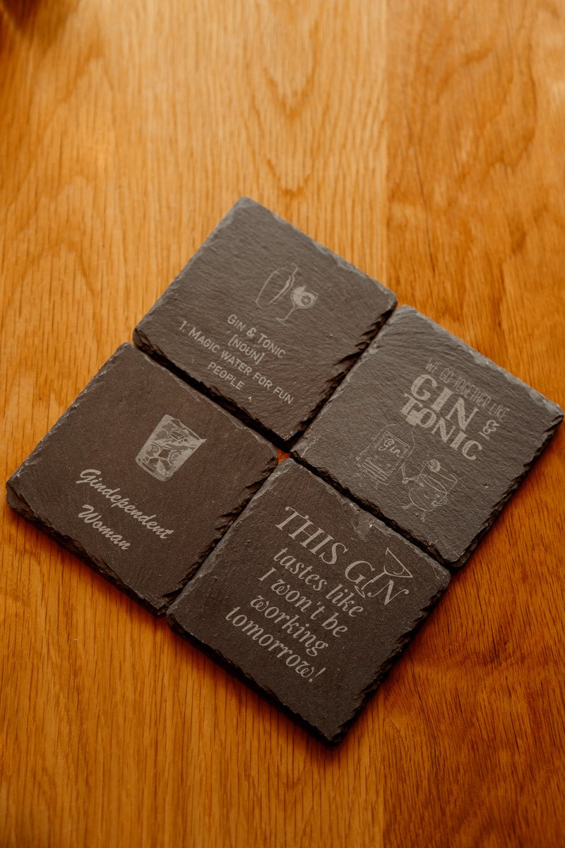 Set of 6 Square Slate Coasters in a Bamboo Holder
